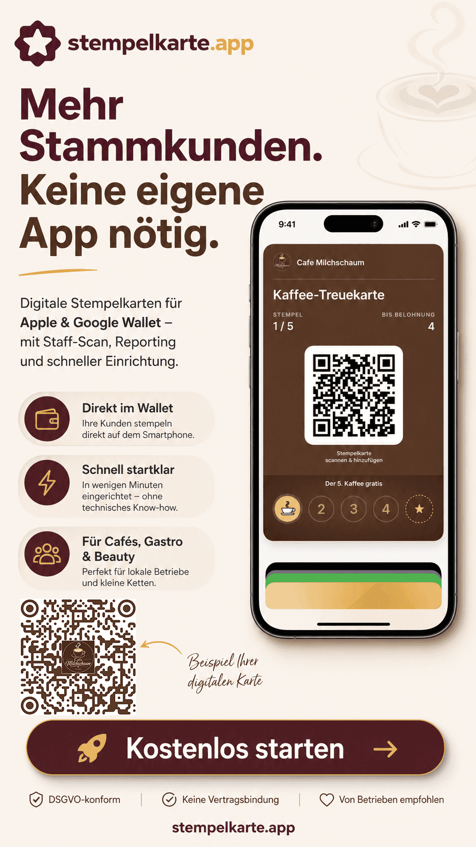Mehr Stammkunden. Keine eigene App nötig. — Stempelkarte.app Flyer mit Kostenlos-starten-CTA